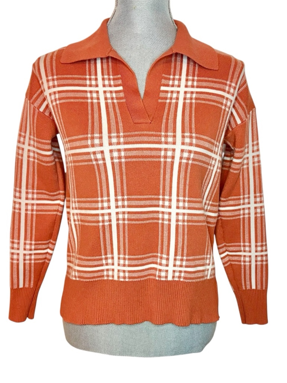 Max Studio Orange Plaid V-Neck Collared Sweater